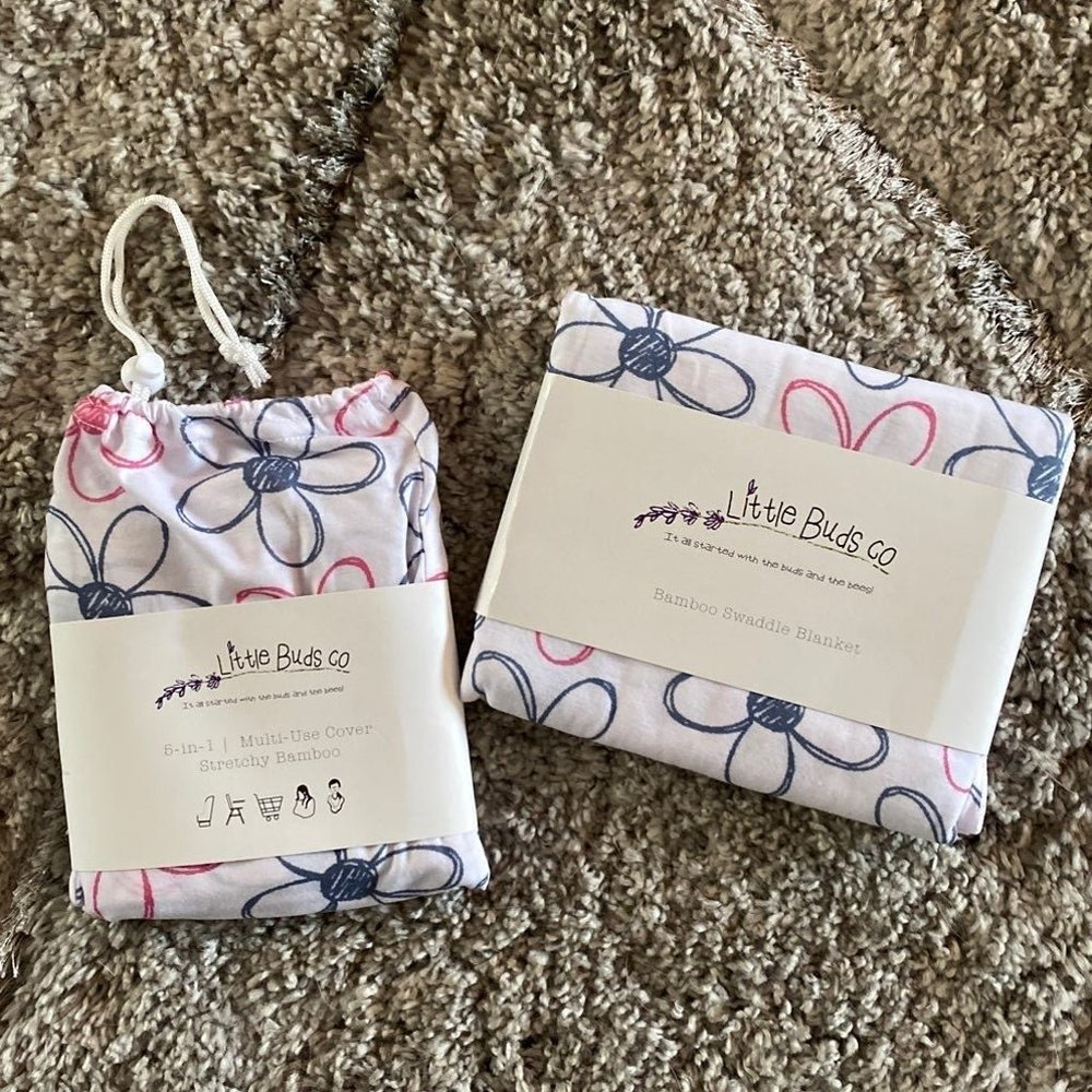 Little Buds Co- While Flower Bamboo Swaddle & Cover